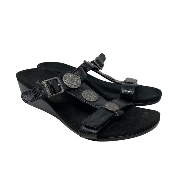 Vionic Cleona Multi Strap Wedge Sandals Womens Size 7.5 Black Leather Slip On - Picture 1 of 6
